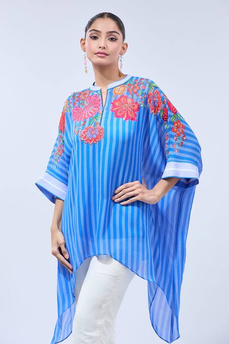 Namrata Joshipura Blue Chiffon Sequins, Embroidery Keyhole Neck Asymmetric Floral Tunic at Aza Fashions Namrata Joshipura_Blue Chiffon Sequins, Embroidery Keyhole Neck Asymmetric Floral Tunic_at_Aza_Fashions