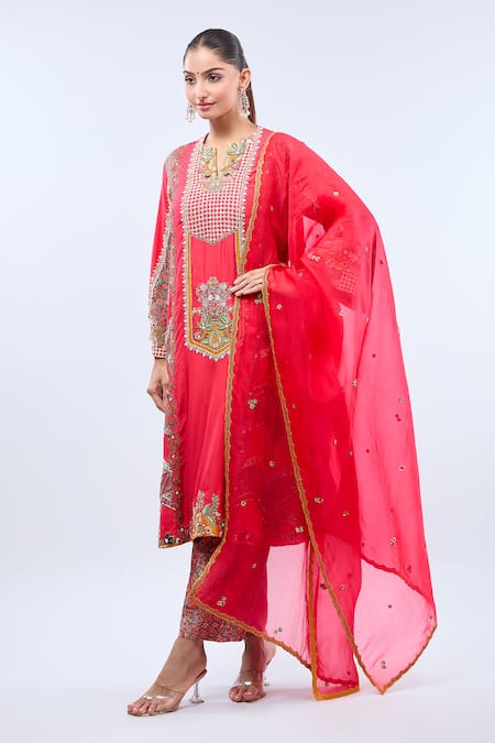 Debyani + CO_Red Embroidery Open Neck Floral Embellished A-line Kurta Set _Online_at_Aza_Fashions