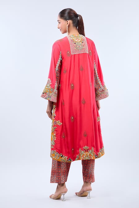 Shop_Debyani + CO_Red Embroidery Open Neck Floral Embellished A-line Kurta Set _at_Aza_Fashions