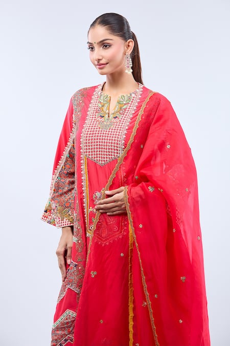 Buy_Debyani + CO_Red Embroidery Open Neck Floral Embellished A-line Kurta Set _Online_at_Aza_Fashions