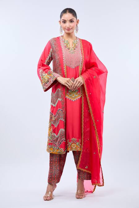 Debyani + CO_Red Embroidery Open Neck Floral Embellished A-line Kurta Set _at_Aza_Fashions