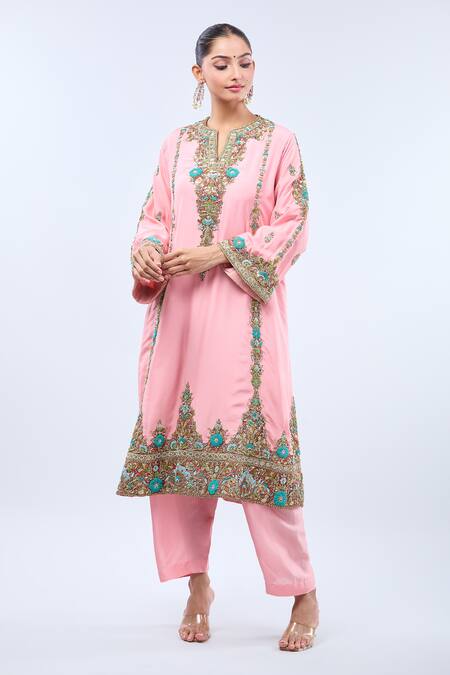 Buy_Debyani + CO_Pink Embroidery Open Neck Floral Embellished A-line Kurta Set _Online_at_Aza_Fashions