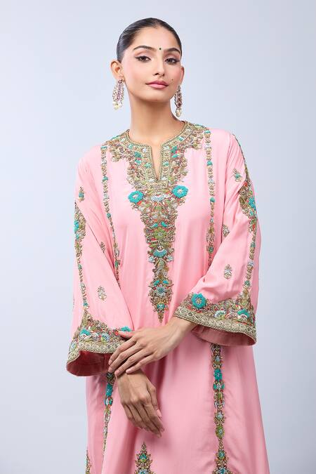 Shop_Debyani + CO_Pink Embroidery Open Neck Floral Embellished A-line Kurta Set _Online_at_Aza_Fashions