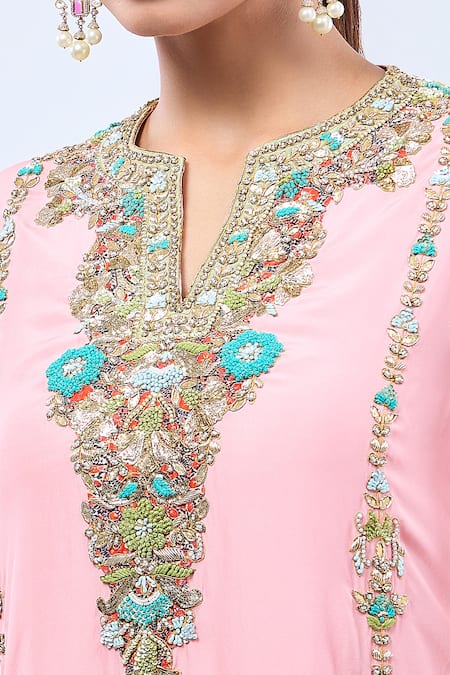 Debyani + CO_Pink Embroidery Open Neck Floral Embellished A-line Kurta Set _at_Aza_Fashions