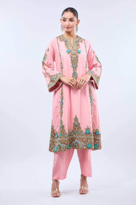 Buy_Debyani + CO_Pink Embroidery Open Neck Floral Embellished A-line Kurta Set 