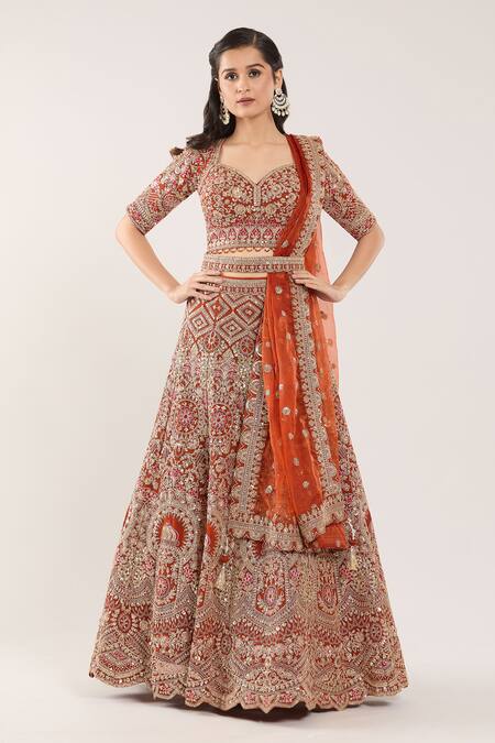 Buy_Samyukta Singhania_Orange Embroidery, Gota Patti, Sequins Sweetheart Botanical Pattern Lehenga Set_Online_at_Aza_Fashions