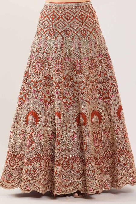 Shop_Samyukta Singhania_Orange Embroidery, Gota Patti, Sequins Sweetheart Botanical Pattern Lehenga Set_Online_at_Aza_Fashions