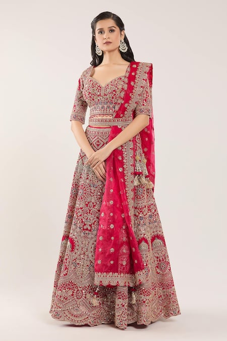 Samyukta Singhania_Pink Sequins, Gota Patti, Embroidery Sweetheart Botanical Bridal Lehenga Set _Online_at_Aza_Fashions