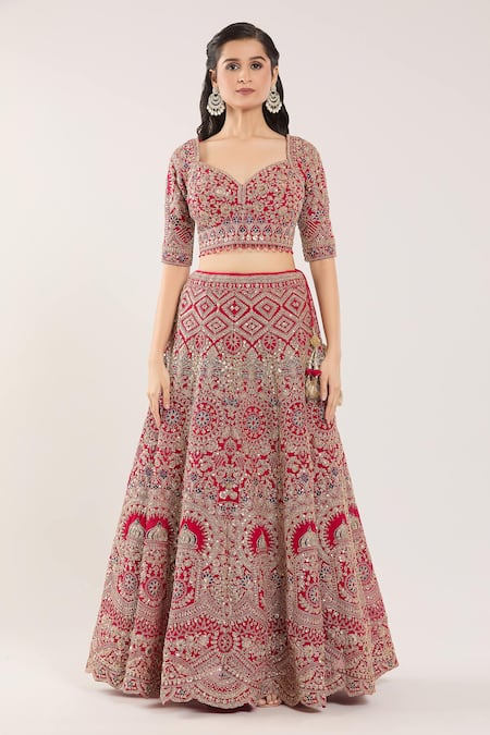Buy_Samyukta Singhania_Pink Sequins, Gota Patti, Embroidery Sweetheart Botanical Bridal Lehenga Set _Online_at_Aza_Fashions