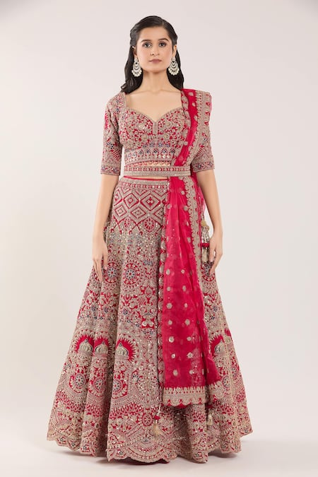 Shop_Samyukta Singhania_Pink Sequins, Gota Patti, Embroidery Sweetheart Botanical Bridal Lehenga Set _Online_at_Aza_Fashions