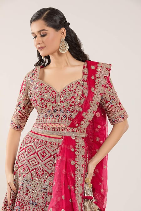Samyukta Singhania_Pink Sequins, Gota Patti, Embroidery Sweetheart Botanical Bridal Lehenga Set _at_Aza_Fashions