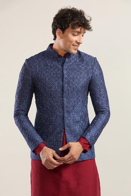 Asuka_Blue Embroidery, Beads, Cut Work Floral Bandhgala Set _Online_at_Aza_Fashions