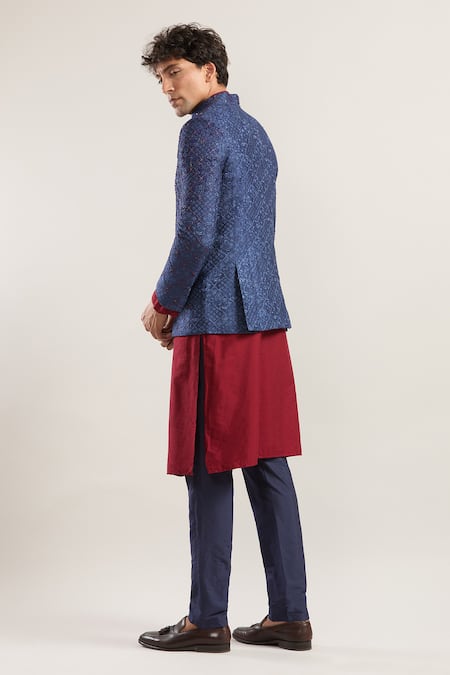Shop_Asuka_Blue Embroidery, Beads, Cut Work Floral Bandhgala Set _at_Aza_Fashions