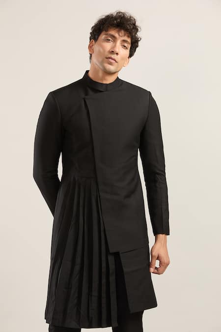 Bohame_Black Pleated Sherwani Pant Set _Online_at_Aza_Fashions