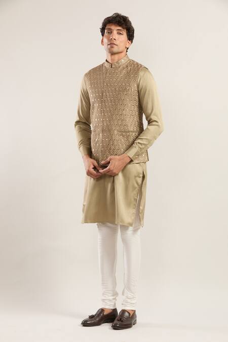 Rng Safawala Beige Cotton Mirrors, Embroidery Bandhgala Kurta Set Online at Aza Fashions Rng Safawala_Beige Cotton Mirrors, Embroidery Bandhgala Kurta Set_Online_at_Aza_Fashions