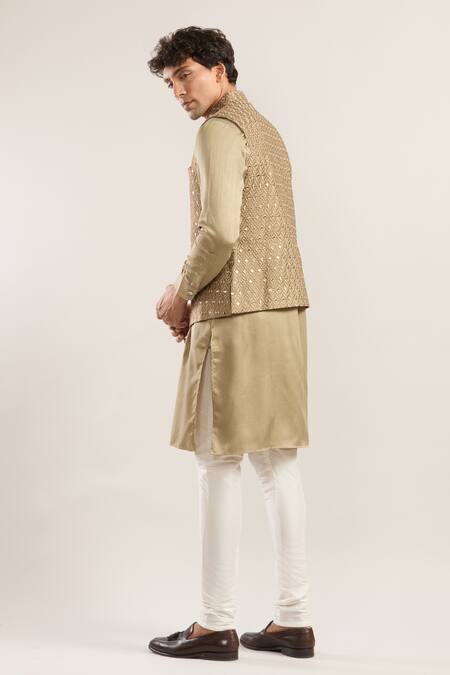 Shop Rng Safawala Beige Cotton Mirrors, Embroidery Bandhgala Kurta Set at Aza Fashions Shop_Rng Safawala_Beige Cotton Mirrors, Embroidery Bandhgala Kurta Set_at_Aza_Fashions
