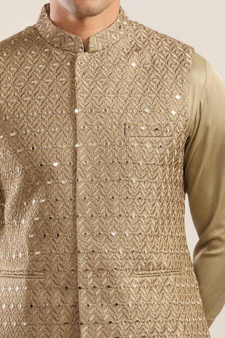 Rng Safawala Beige Cotton Mirrors, Embroidery Bandhgala Kurta Set at Aza Fashions Rng Safawala_Beige Cotton Mirrors, Embroidery Bandhgala Kurta Set_at_Aza_Fashions