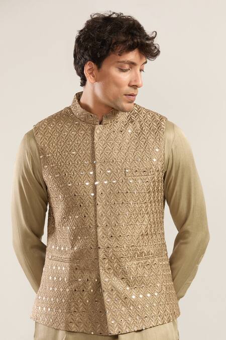 Buy Rng Safawala Beige Cotton Mirrors, Embroidery Bandhgala Kurta Set Buy_Rng Safawala_Beige Cotton Mirrors, Embroidery Bandhgala Kurta Set