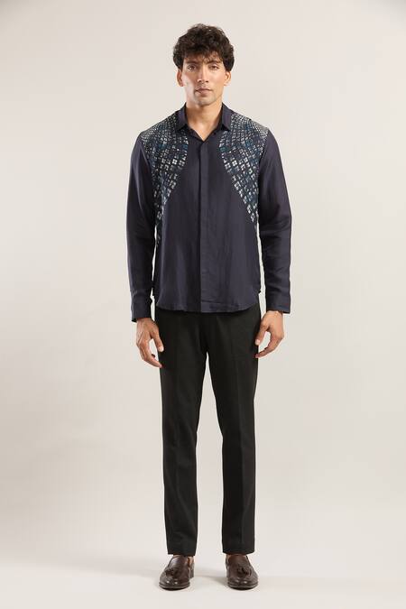Rohit Gandhi + Rahul Khanna Blue Rolling Box Print Casual Shirt Online at Aza Fashions Rohit Gandhi + Rahul Khanna_Blue Rolling Box Print Casual Shirt_Online_at_Aza_Fashions