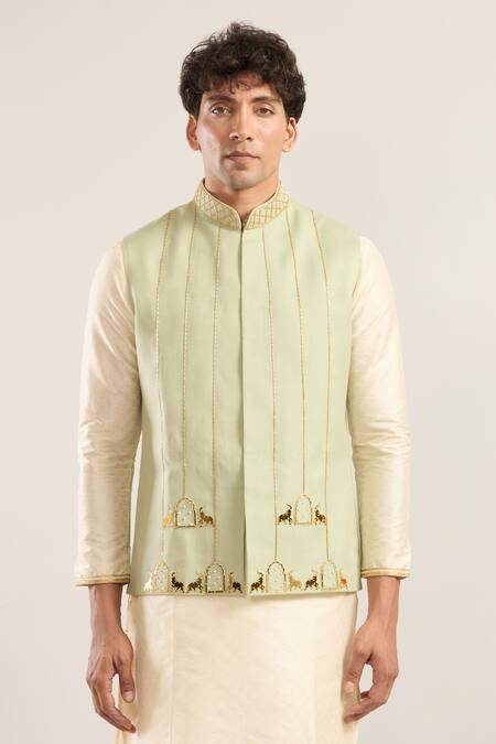 Runit Gupta_Green Embroidery Elephant Motif Nehru Jacket _Online_at_Aza_Fashions