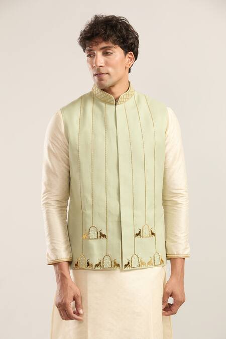 Buy_Runit Gupta_Green Embroidery Elephant Motif Nehru Jacket _Online_at_Aza_Fashions