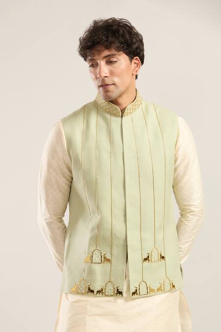 Shop_Runit Gupta_Green Embroidery Elephant Motif Nehru Jacket _Online_at_Aza_Fashions