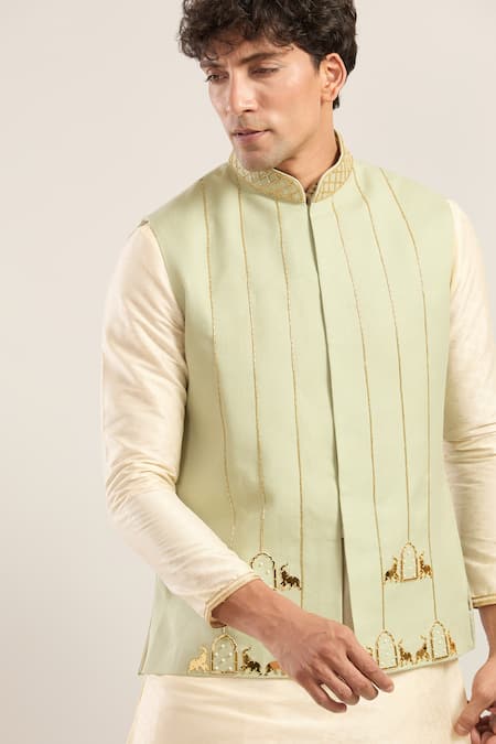 Runit Gupta_Green Embroidery Elephant Motif Nehru Jacket _at_Aza_Fashions