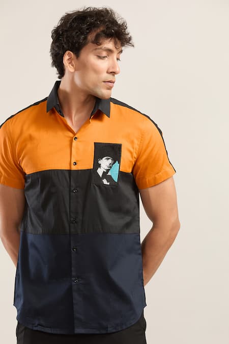 Seven_Orange Embroidery Color Block Shirt With Pocket_Online_at_Aza_Fashions