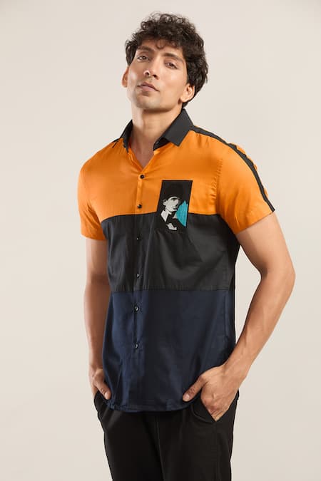 Buy_Seven_Orange Embroidery Color Block Shirt With Pocket_Online_at_Aza_Fashions