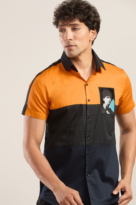 Shop_Seven_Orange Embroidery Color Block Shirt With Pocket_Online_at_Aza_Fashions