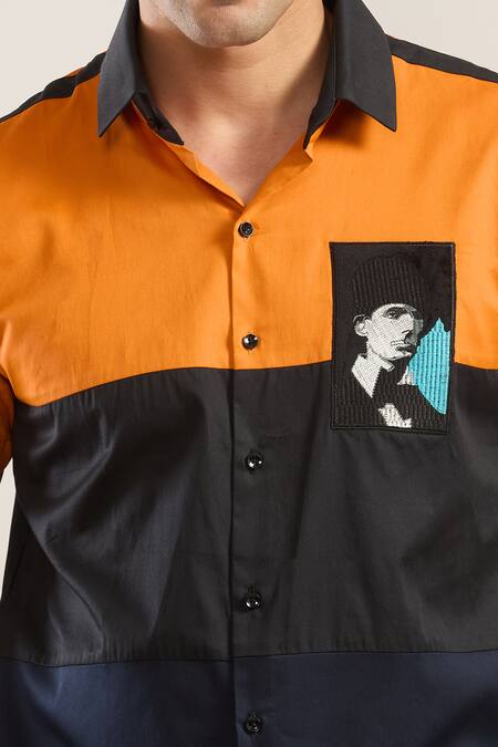 Seven_Orange Embroidery Color Block Shirt With Pocket_at_Aza_Fashions