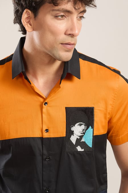 Buy_Seven_Orange Embroidery Color Block Shirt With Pocket