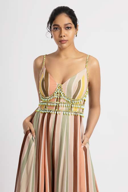 Rajat K Tangri_Multi Color Beads, Tassels Plunge Neck Multicolor Stripe Print Jumpsuit _Online_at_Aza_Fashions