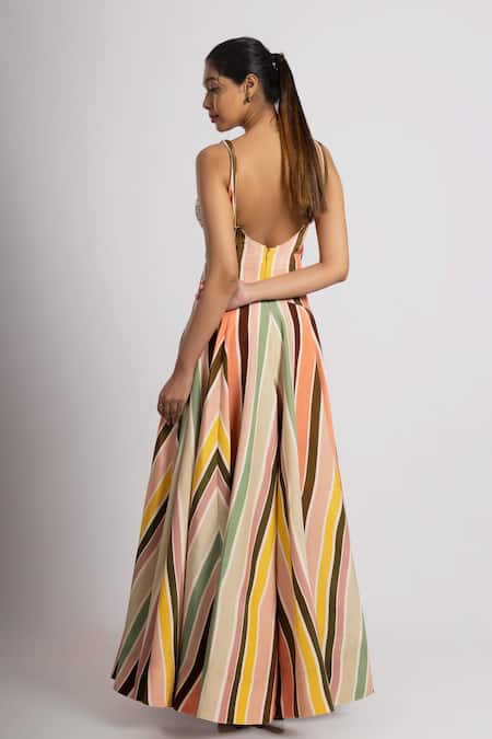 Buy_Rajat K Tangri_Multi Color Beads, Tassels Plunge Neck Multicolor Stripe Print Jumpsuit _Online_at_Aza_Fashions