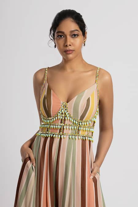 Shop_Rajat K Tangri_Multi Color Beads, Tassels Plunge Neck Multicolor Stripe Print Jumpsuit _Online_at_Aza_Fashions