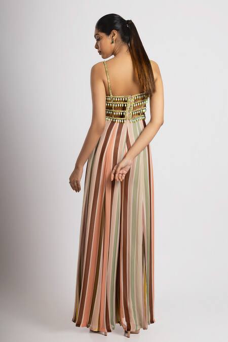 Shop_Rajat K Tangri_Multi Color Beads, Crystals V-neck Pleated Stripe Print Blouse And Lehenga Set _at_Aza_Fashions