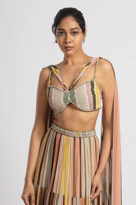 Rajat K Tangri_Multi Color Beads, Crystals V-neck Pleated Stripe Print Blouse And Lehenga Set _Online_at_Aza_Fashions
