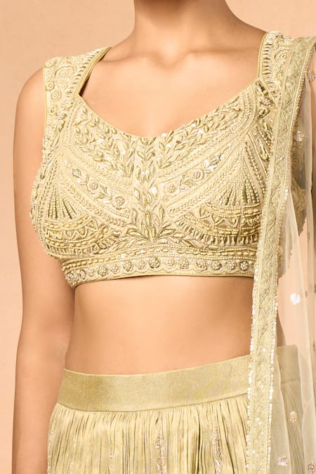 Samyukta Singhania_Green Embroidery, Sequins, Beads Open Neck Floral Butta Lehenga Set _Online_at_Aza_Fashions