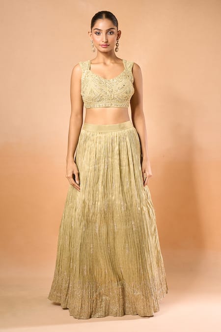 Buy_Samyukta Singhania_Green Embroidery, Sequins, Beads Open Neck Floral Butta Lehenga Set _Online_at_Aza_Fashions