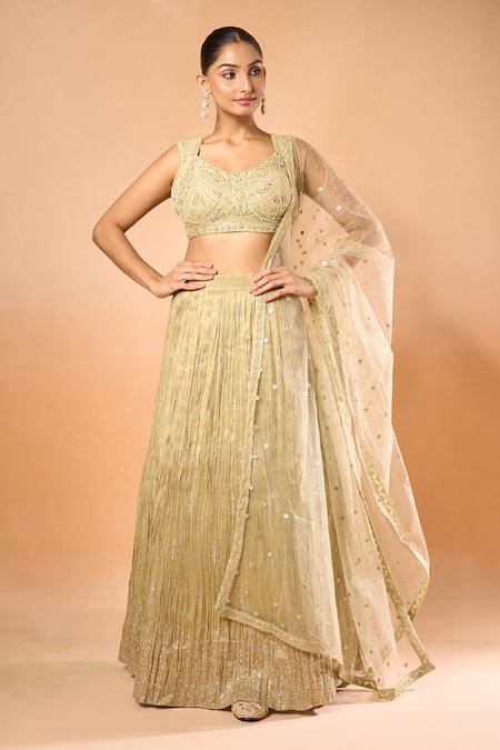 Shop_Samyukta Singhania_Green Embroidery, Sequins, Beads Open Neck Floral Butta Lehenga Set _Online_at_Aza_Fashions
