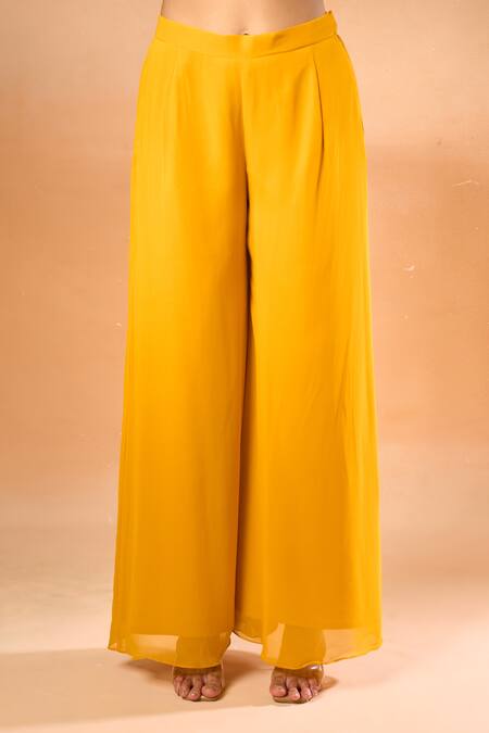 Samyukta Singhania_Yellow Stones, Crystals Round Neck Embroidered Kaftan And Flared Pant Set_Online_at_Aza_Fashions