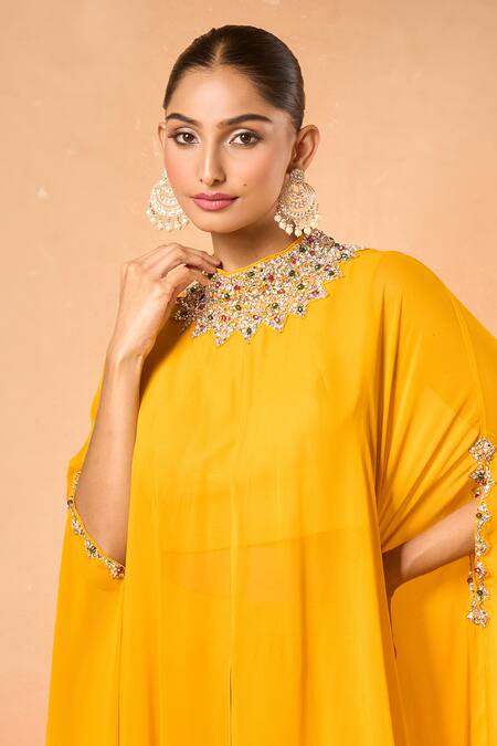 Buy_Samyukta Singhania_Yellow Stones, Crystals Round Neck Embroidered Kaftan And Flared Pant Set_Online_at_Aza_Fashions
