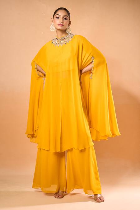 Shop_Samyukta Singhania_Yellow Stones, Crystals Round Neck Embroidered Kaftan And Flared Pant Set_Online_at_Aza_Fashions