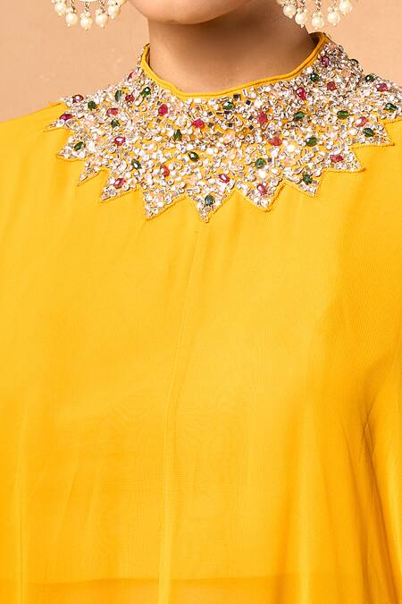 Samyukta Singhania_Yellow Stones, Crystals Round Neck Embroidered Kaftan And Flared Pant Set_at_Aza_Fashions