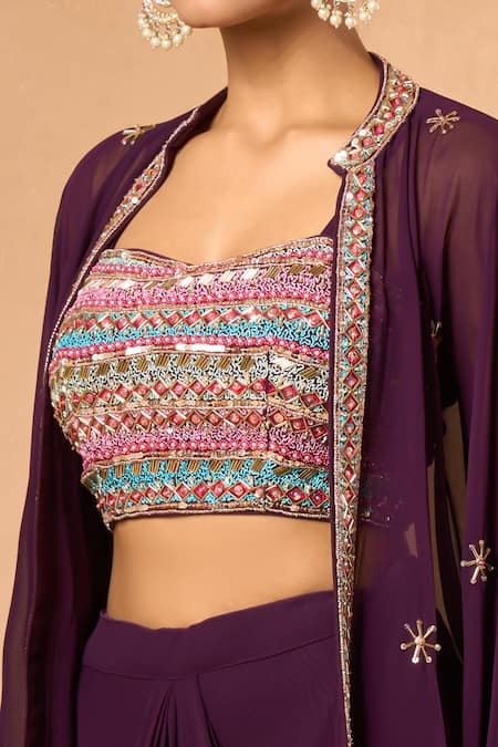 Samyukta Singhania Wine Beads, Sequins Sweetheart Neck Embroidered Dhoti Skirt Set With Cape Online at Aza Fashions Samyukta Singhania_Wine Beads, Sequins Sweetheart Neck Embroidered Dhoti Skirt Set With Cape _Online_at_Aza_Fashions