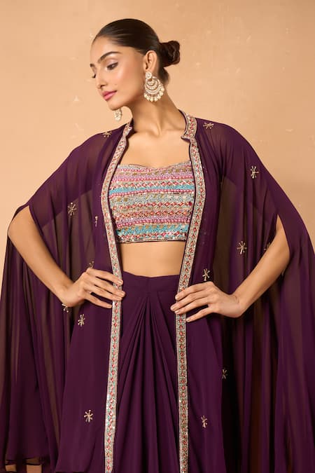 Samyukta Singhania Wine Beads, Sequins Sweetheart Neck Embroidered Dhoti Skirt Set With Cape at Aza Fashions Samyukta Singhania_Wine Beads, Sequins Sweetheart Neck Embroidered Dhoti Skirt Set With Cape _at_Aza_Fashions