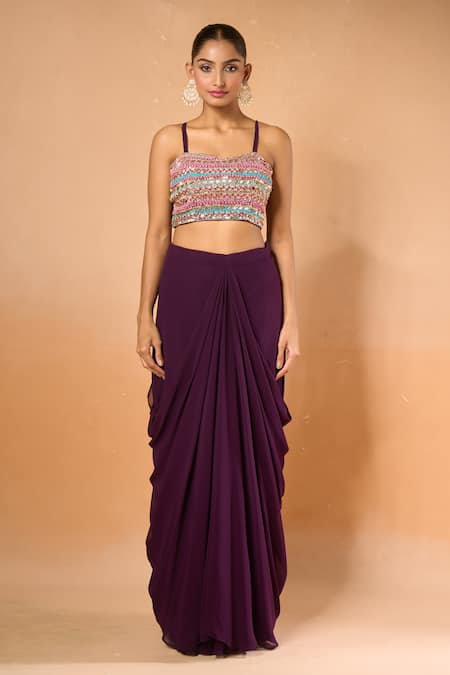 Buy Samyukta Singhania Wine Beads, Sequins Sweetheart Neck Embroidered Dhoti Skirt Set With Cape Buy_Samyukta Singhania_Wine Beads, Sequins Sweetheart Neck Embroidered Dhoti Skirt Set With Cape