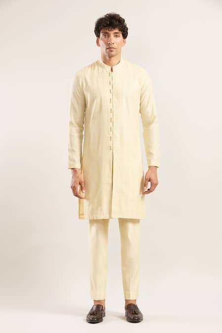 Buy_Studio Bagechaa_Cream Chanderi Embroidery Thread Kurta Set _Online_at_Aza_Fashions