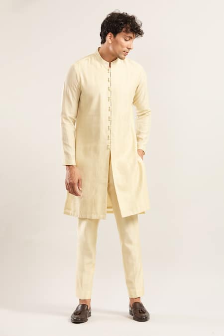 Shop_Studio Bagechaa_Cream Chanderi Embroidery Thread Kurta Set _Online_at_Aza_Fashions