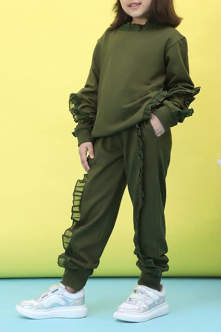 Shop_Petite Pomme_Green Cotton Frilled Full Sleeve Top And Jogger Set _Online_at_Aza_Fashions